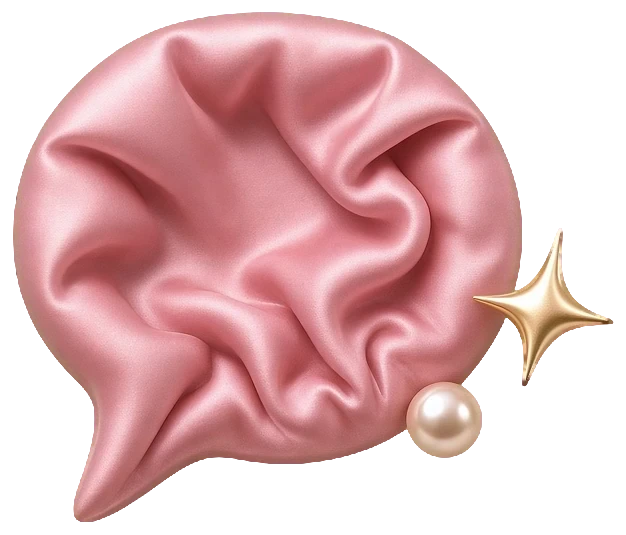 A rose satin speech bubble with a small gold sparkle