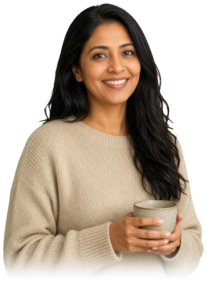 A smiling woman holding a coffee cup