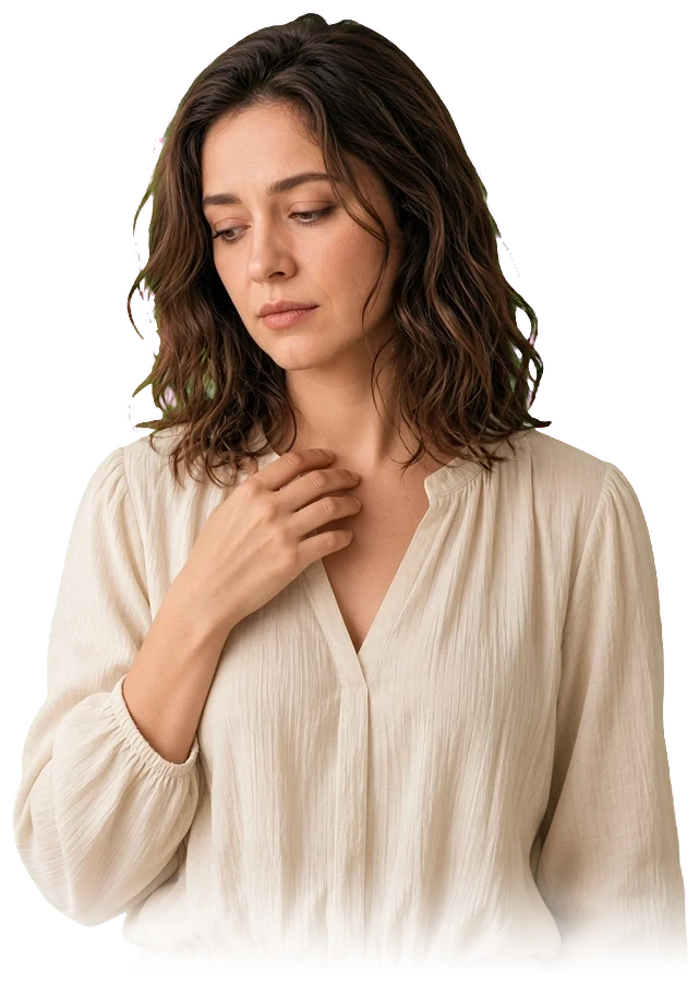 A woman with a hand to her collarbone, rehearsing what to say