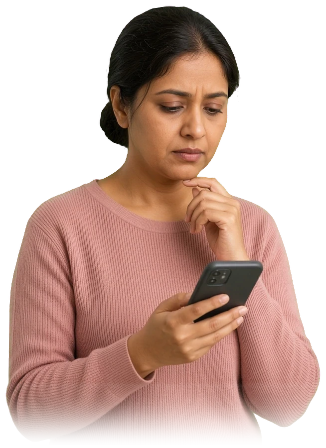 A woman looks at her phone, unsure of a date